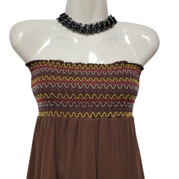 Strapless Dark Brown Flowy Midi Smocked Dress One Size - Picture 2 of 10